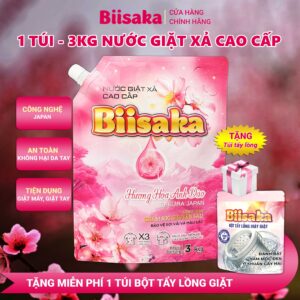 [ Mua 1 Tặng 1 Tẩy Lồng Giặt ], Nước Giặt Xả Biisaka Túi 3KG Hương Hoa Anh Đào Tặng 1 Túi Bột Vệ Sinh Lồng Giặt Biisaka
