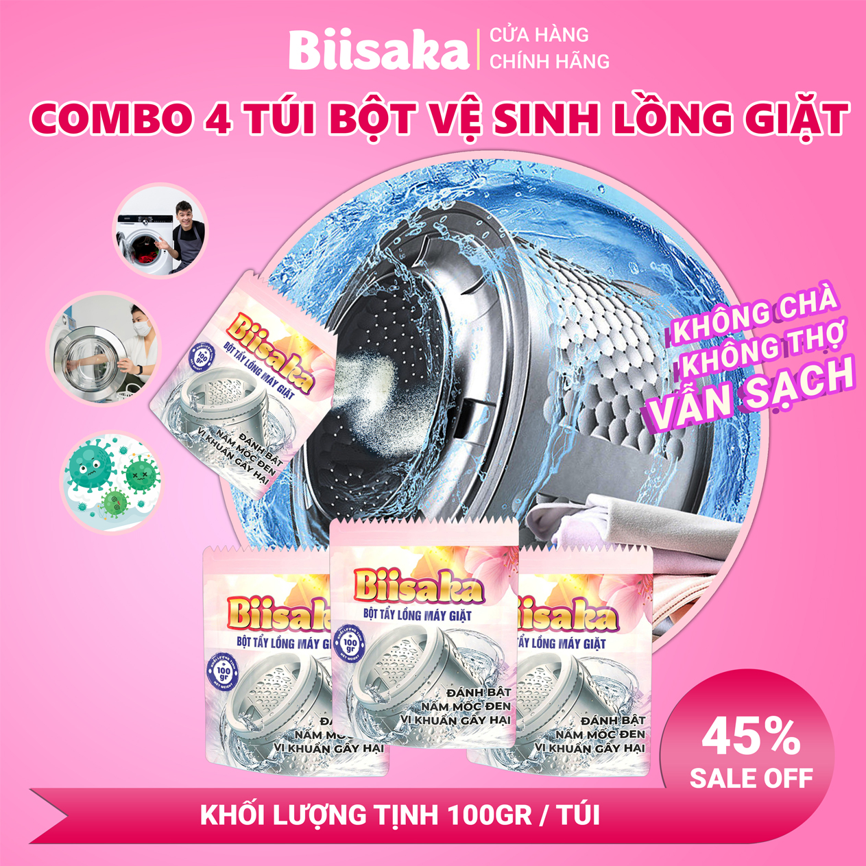 Combo 4 Túi Bột Vệ Sinh Lồng Giặt Biisaka, Làm sạch, Khử Mùi, Khử Khuẩn