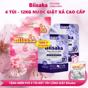 [ COMBO 12KG Nước Giặt Tặng 4 Tẩy Lồng Giặt ], 4 Túi Nước Giặt Xả Cao Cấp Biisaka Tổng 12KG Nước Giặt Tặng 4 Túi Bột Vệ Sinh Lồng Giặt Biisaka